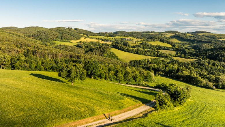 Am Bener Luftaufnahme, © Wiener Alpen / Fülöp, Kremsl Landschaft mit grünen Hügeln und einem Wanderweg, auf dem zwei Personen gehen.