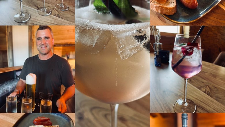 erfrischende Getränke und weitere regionale Köstlichkeiten, © Anita Gradwohl, dahoam Collage von Getränken und regionalen Speisen in einem Restaurant.