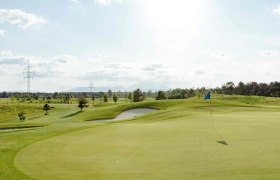 gclinsberg2023-328, © Lukas Kucera Golfplatz mit Fahne auf dem Grün, umgeben von Bäumen und Strommasten unter einem bewölkten Himmel.