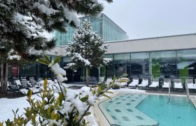 Therme Linsberg Asia - Saunabereich im Winter, © Linsberg Asia Außenbereich der Therme Linsberg Asia im Winter mit schneebedeckten Bäumen und Pool.