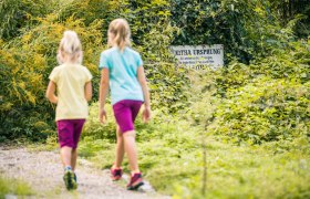 In der Leitha-Au, © Wiener Alpen, Martin Fülöp Zwei Kinder gehen auf einem Weg in einem grünen Waldgebiet. Ein mit Efeu bewachsenes Schild mit der Aufschrift 'Leitha Ursprung' ist im Hintergrund sichtbar.