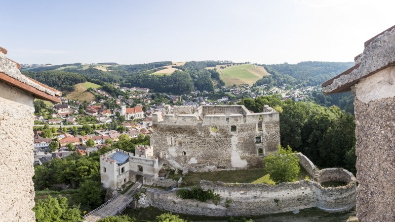 Blick vom Feuerturm auf die Burgruine Kirchschlag, © Wiener Alpen, Franz Zwickl Panoramablick auf die Burgruine Kirchschlag und die umliegende Landschaft.