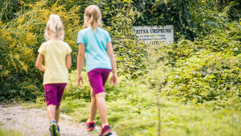 In der Leitha-Au, © Wiener Alpen, Martin Fülöp Zwei Kinder gehen auf einem Weg in einem grünen Waldgebiet. Ein mit Efeu bewachsenes Schild mit der Aufschrift 'Leitha Ursprung' ist im Hintergrund sichtbar.