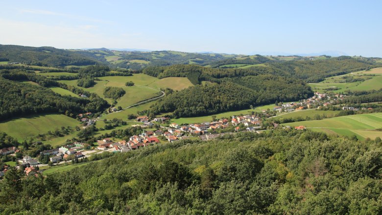 Panoramablick auf eine gr&uuml;ne H&uuml;gellandschaft mit einem Dorf im Vordergrund, aufgenommen vom Johann Giefing Aussichtsturm.