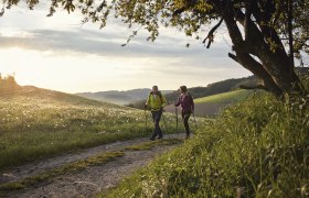 Zwei Personen wandern auf einem Feldweg bei Sonnenuntergang in einer h&uuml;geligen Landschaft.