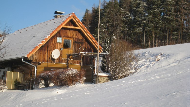 Ein verschneites Holzhaus am Waldrand mit blauem Himmel.