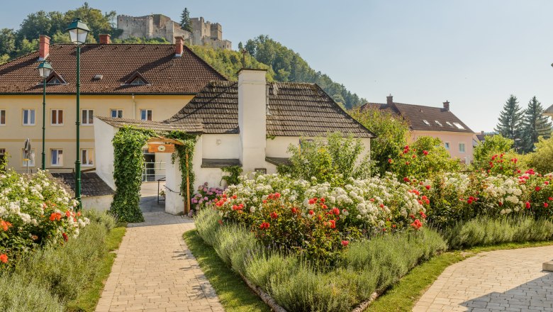 Ein gepflegter Rosengarten mit roten und wei&szlig;en Rosen, im Hintergrund eine Burg auf einem H&uuml;gel.