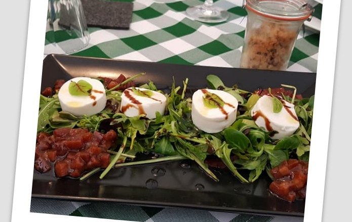 Ein Teller mit Salat, Mozzarella und Tomaten auf einem Tisch mit grün-weiß kariertem Tischtuch.