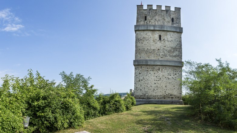 Feuerturm der Burgruine Kirchschlag mit Picknicktisch im Vordergrund.