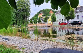 Ausblick von einen Park mit Teich und Brücke auf die Bergkirche Pitten