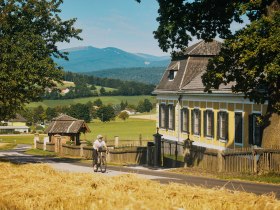 Eine Radfahrerin auf einer Landstra&szlig;e f&auml;hrt am Schloss Ziegersberg vorbei. Im Hintergrund der Wechsel.