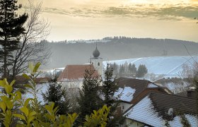 Winterliche Landschaft in Hollenthon mit schneebedeckten D&auml;chern und einer Kirche im Hintergrund.
