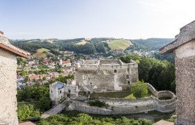 Panoramablick auf die Burgruine Kirchschlag und die umliegende Landschaft.