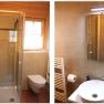 Modernes Badezimmer mit Dusche, WC, Waschbecken und Spiegel.
