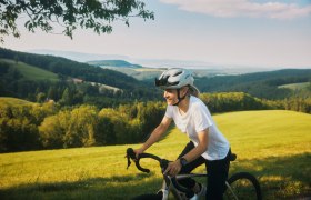 Eine Person f&auml;hrt mit einem Fahrrad durch eine h&uuml;gelige Landschaft mit gr&uuml;nen Wiesen und W&auml;ldern im Hintergrund.