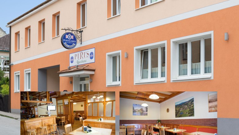 Au&szlig;enansicht von Piri's Gasthaus und Innenansichten des Gastraums.
