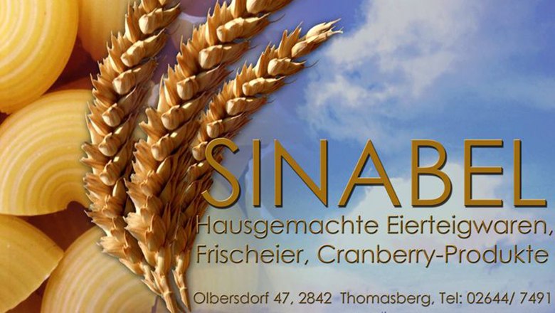 Werbeschild von Sinabel mit Weizenähren und Pasta.