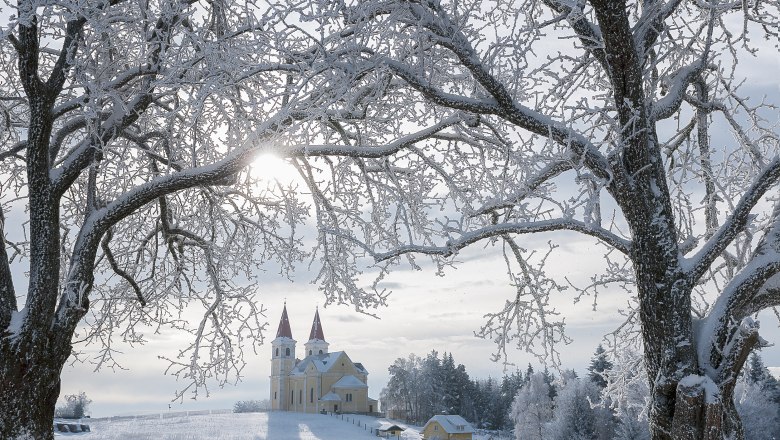Winterlandschaft mit Wallfahrtskirche Maria Schnee im Hintergrund, umrahmt von schneebedeckten B&auml;umen.