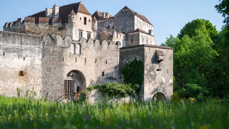 Komplex gebaute Burg Seebenstein mit vielen Dächern und Zinnen inmitten grüner Natur bei sonnigem Wetter.