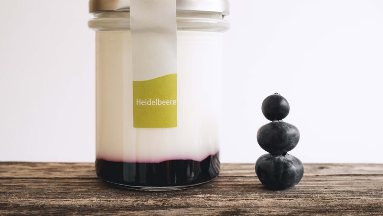 Ein Glas gefüllt mit Joghurt und Fruchtspiegel auf einem Holztisch, daneben 3 gestapelte Heidelbeeren.