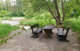 Picknicktisch mit Bänken in einem grünen Waldgebiet neben dem Fluss Leitha