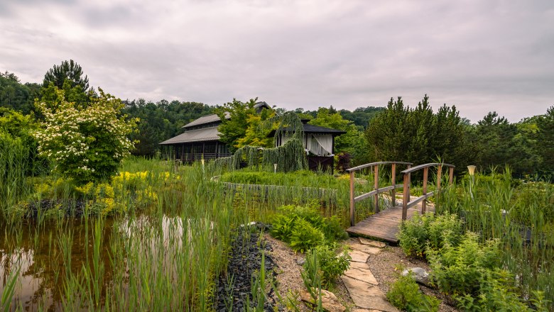 Asiatisch inspirierter Garten mit Holzbrücke und Teich.