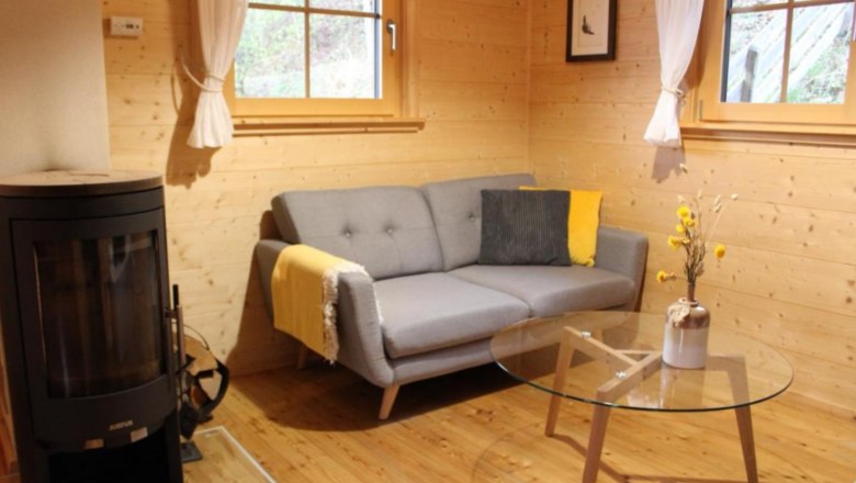 Gem&uuml;tliches Wohnzimmer mit grauem Sofa, Holzw&auml;nden, Kamin und Glastisch.