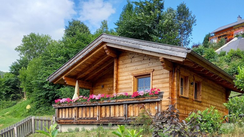 Holzhütte mit Blumen auf der Veranda in einer grünen Umgebung.