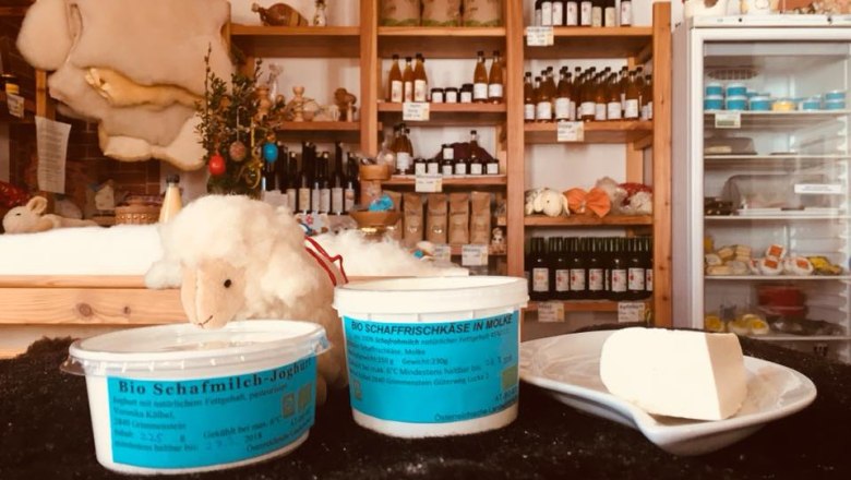 Innenansicht eines Hofladens mit Bio-Produkten aus Schafmilch.