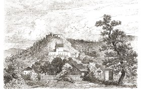 Historischer Stich von Pitten mit Burg auf einem Hügel, umgeben von Bäumen und Gebäuden.
