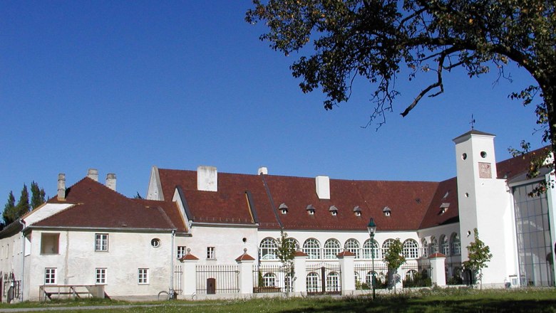 Schloss Katzelsdorf mit rotem Dach und weißen Wänden, umgeben von Bäumen und Rasen.