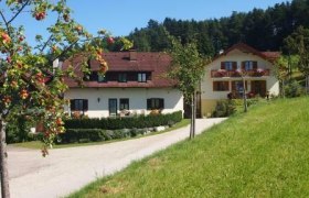 Zwei H&auml;user mit roten D&auml;chern in gr&uuml;ner Lage umgeben von B&auml;umen.