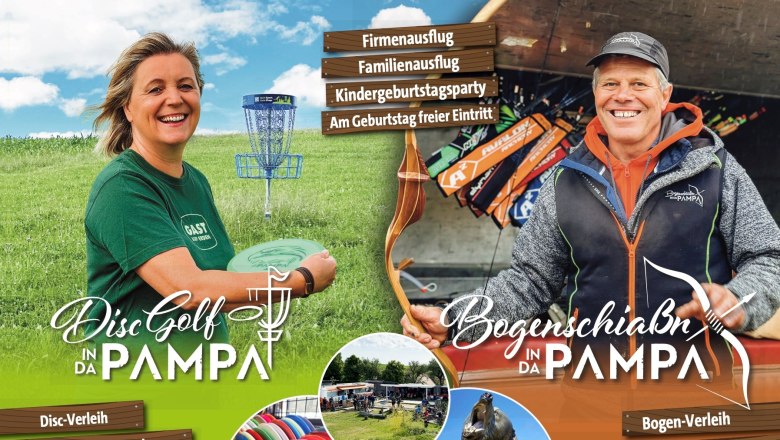 Flyer f&uuml;r Disc Golf und Bogenschie&szlig;en in der Pampa mit Bildern von einer Frau mit einer Discgolf Scheibe und einem Mann mit einem Bogen in der Hand.